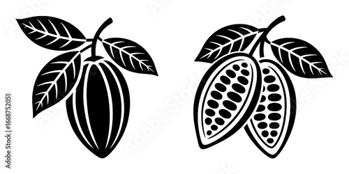 Black and White Icons of Cocoa Pods with Leaves
