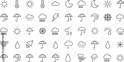 Weather icons set, climate symbols, sun and rain, storm, cloud, snowflake, umbrella, forecast, temperature, wind, storm, seasonal, meteorology
