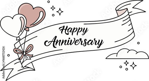Elegant Happy Anniversary banner with balloons and festive stars, perfect for celebrations