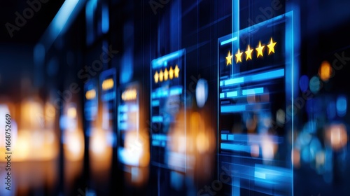 Digital interface displaying glowing reviews with five stars and blurred city lights in the background
