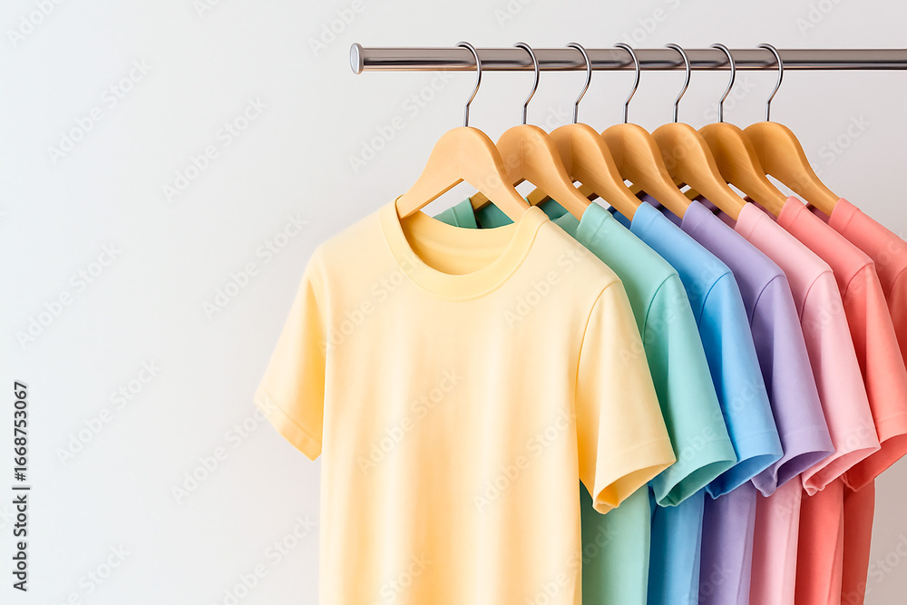 Fototapeta premium A row of pastel colored t-shirts hang neatly on wooden hangers against light background. Perfect for fashion blog, clothing store promotion, style illustration, wardrobe concept with space for text