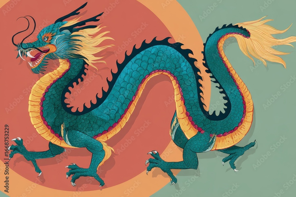 Fototapeta premium Majestic Teal Dragon Illustration with Golden Mane and Circular Background