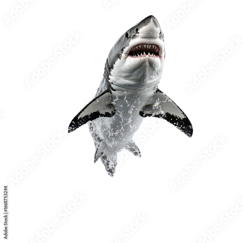 Dynamic shark jumping out of water with splash effect, PNG style transparent background for ocean and marine life designs