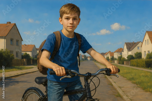 Schuljunge mit Schulranzen und Fahrrad in einer Stadtrandsiedlung unterwegs