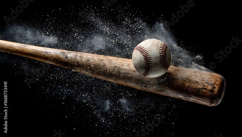 Baseball bat impact with exploding ball and dust particles