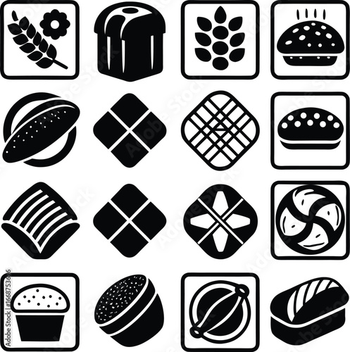 Collection of 16 bakery and food icons representing bread pastries cereals and doughnuts for culinary businesses and food service