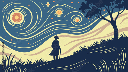 Man gazes at swirling starry night sky, a moment of awe and wonder under a lone tree on a hill