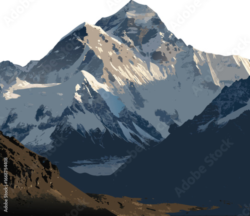 Mount Everest, the tallest mountain in the world, rising high above the Himalayas. Snow-covered peak glistening under sunlight, dramatic rocky slopes, and clouds swirling around the summit. Maje