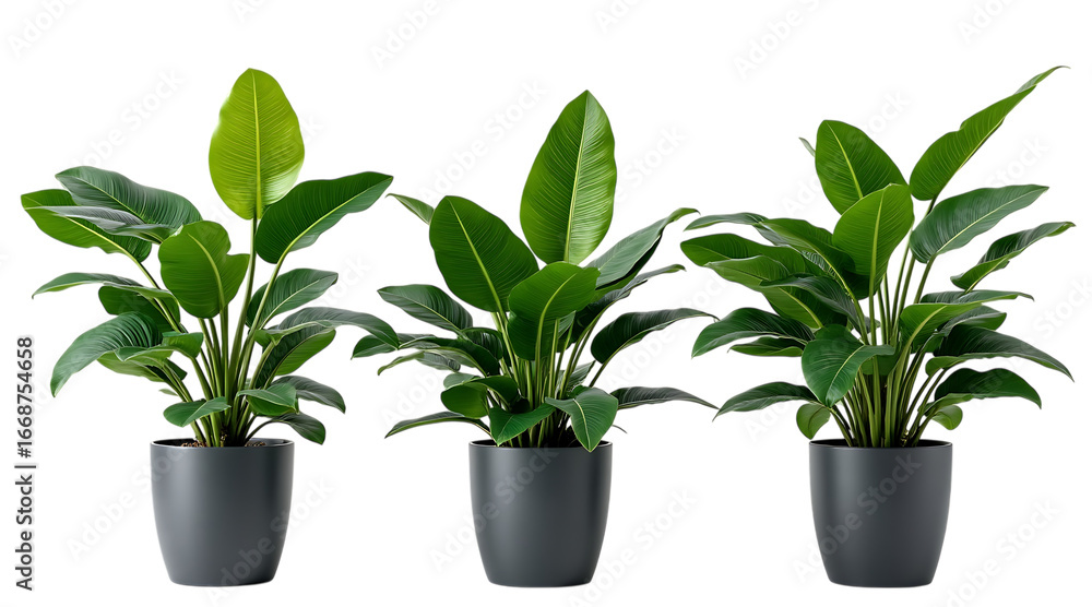 Fototapeta premium three lush green potted plants in dark grey pots, isolated on transparent background