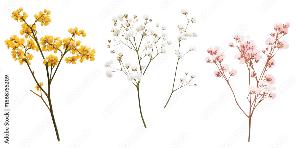 Fototapeta premium Floral set small sprigs of yellow Berberis Thunbergii, pink Chamelaucium, and white gypsophila isolated on a white transparent background