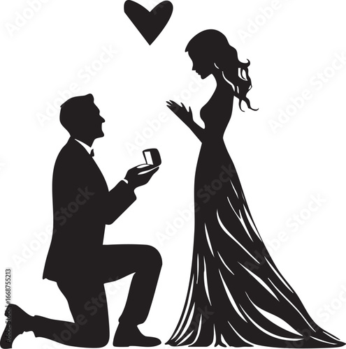 Romantic silhouette of a man proposing to a woman on one knee with a ring box, a perfect symbol of love.

