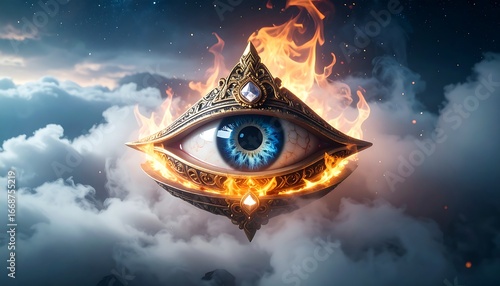Floating Eye Design with Ornamental Details and Fire Visual