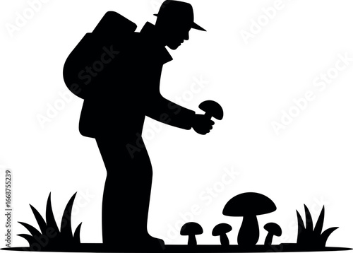 Forager picking mushrooms silhouette with nature elements