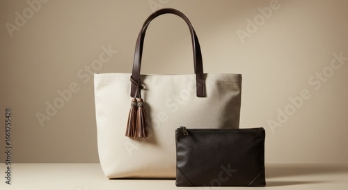 Stylish canvas tote bag with leather accents and pouch