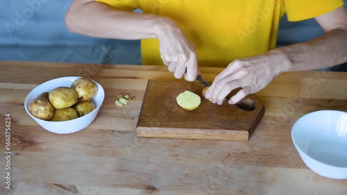 Hands peeling a potato over a wooden cutting board, with a bowl of potatoes an empty bowl nearby, ready for preparation fullhd video food