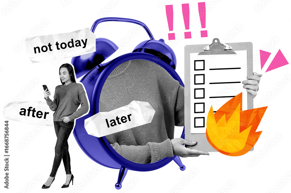 Ταπετσαρία Isolated woman with smartphone near burning checklist, alarm clock, and procrast