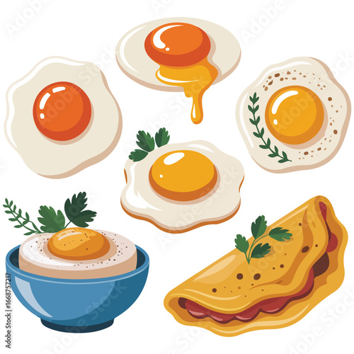 Egg cooking different ways meal preparing set isolated vector illustration on white background