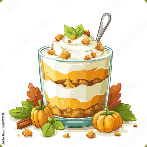 Vector illustration of a layered pumpkin trifle dessert with whipped cream, granola, and mint leaves in a glass cup, isolated on a white background. Vector illustration of fruit autumn dessert on whit