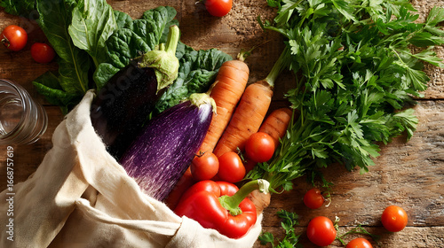 A vibrant assortment of fresh vegetables and fruits spills from a canvas bag onto a rustic wooden surface, showcasing healthy eating.