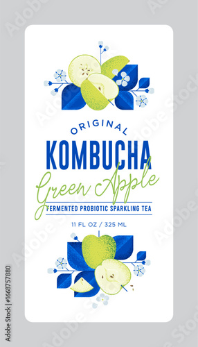 Kombucha label. Green Apple flavor. Rounded white label for with letters and apple fruits.