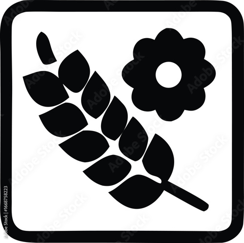 Simple icon represents agriculture and nature elements with wheat stalk and stylized flower symbol