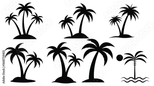 Collection of silhouetted palm trees on small islands for tropical beach ambiance