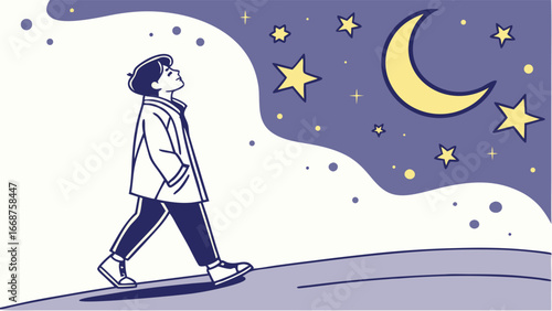 Young person gazes upwards at crescent moon and stars while walking thoughtfully under night sky
