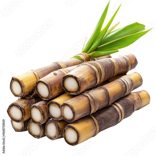 Fresh sugarcane stalks bundle isolated on a white transparent background