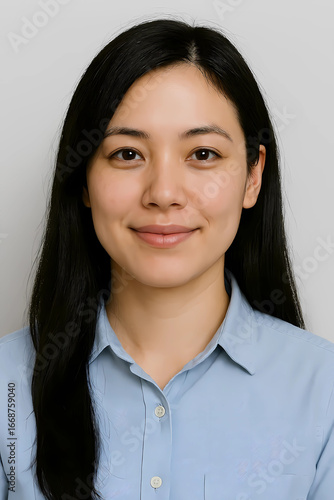 Porträt einer jungen Frau mit langen Haaren und hellblauem Hemd