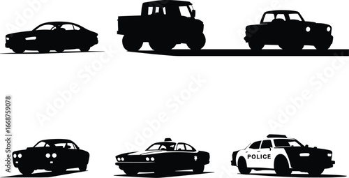 Black silhouette vector set of various cars, including a police car, pickup truck, and classic coupe, for transportation-themed designs.