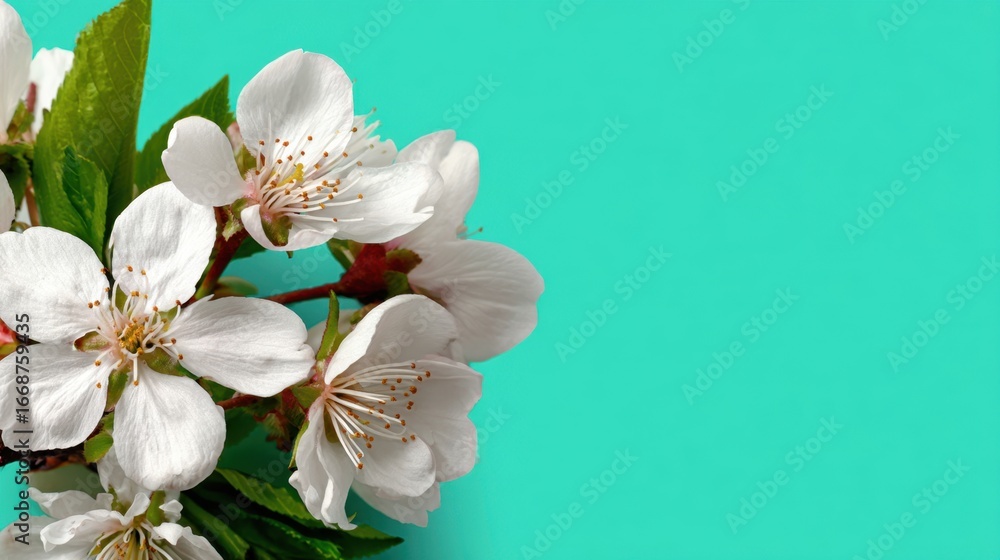 Obraz premium Blossoming white flowers against a turquoise background