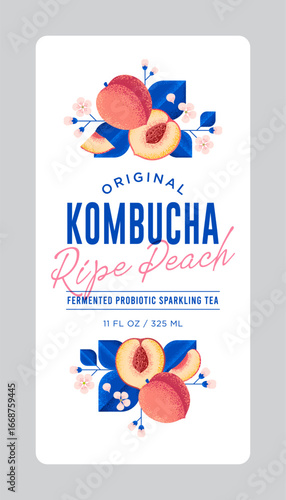 Kombucha label. Ripe Peach flavor. Rounded white label for with letters and peach fruits.