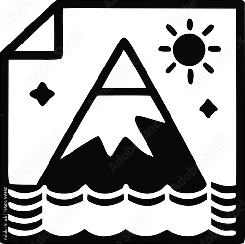 Scenic mountain landscape with sun and waves icon representing nature and outdoor adventures for digital platforms
