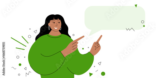 Flat vector illustration of a smiling woman pointing at a speech bubble, perfect for presentations, messages, tutorials, business concepts, education, and creative communication projects