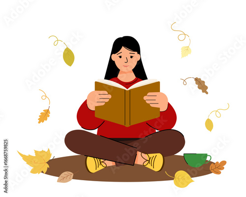 Young woman sitting cross-legged and reading a book with abstract thought bubbles around. Flat cartoon style, relaxing atmosphere, concept of education, focus, and mindfulness.