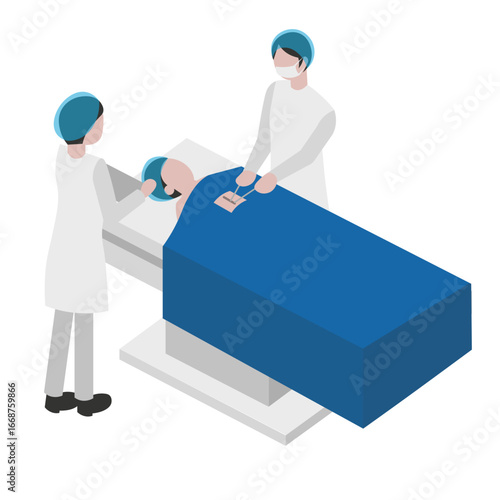 Medical professionals in surgical attire attend to a patient lying on an operating table, performing a procedure with instruments.