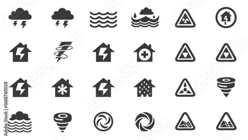 Disaster and Hazard Icons Collection – Flood, Storm, Tornado, Radiation, Emergency, Weather, Energy, and Safety Warning Symbols