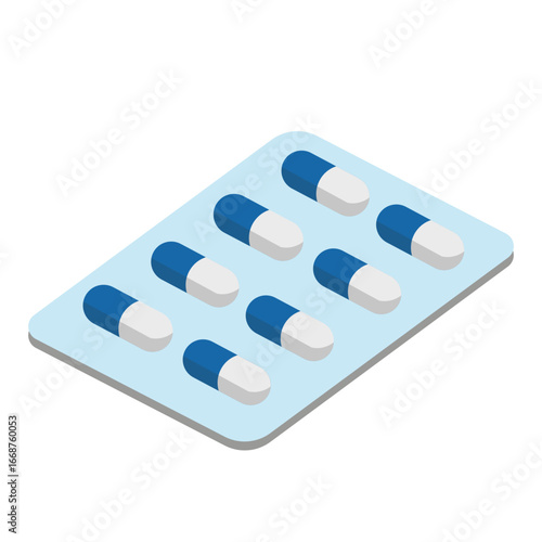A blister pack containing eight blue and white capsules, presented in a clean, isometric perspective against a white background.