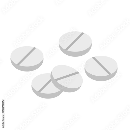 A cluster of five white round pills, each with a distinct dividing line, scattered on a plain white background.