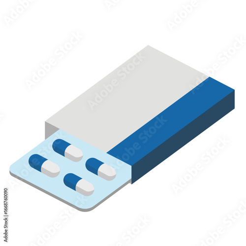 A blister pack of four blue and white capsules is partially removed from its grey and blue cardboard packaging.