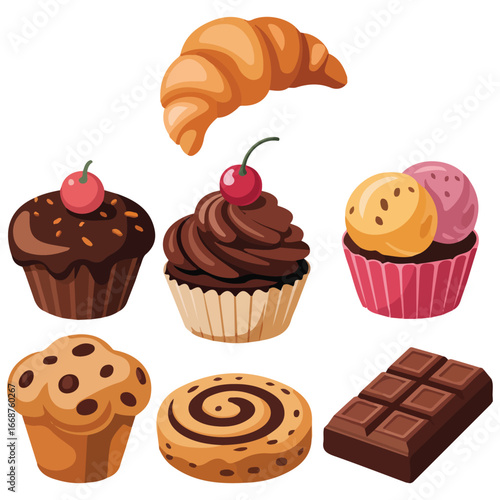 Cakes and candy icon set vector illustration isolated on white background