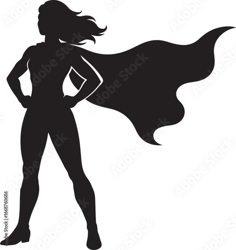 Superhero silhouette woman confident stance flowing cape power female