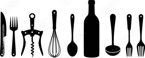 Silhouette of Kitchen Utensils and Wine Bottle