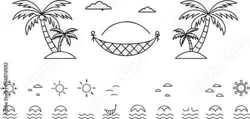 Minimalist tropical beach line art with palm trees, hammock, sun, waves, and summer vacation icons for relaxation and holiday design