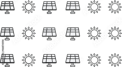 Solar energy icons set with sun and solar panels representing renewable energy, eco power, and sustainable technology for green environment