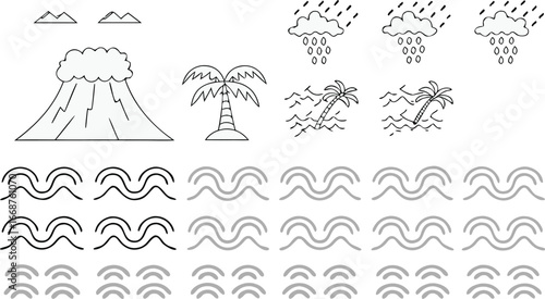 Volcano, ocean, palm tree, rain, and wave icons set featuring tropical, natural disaster, and climate symbols for environment and weather design