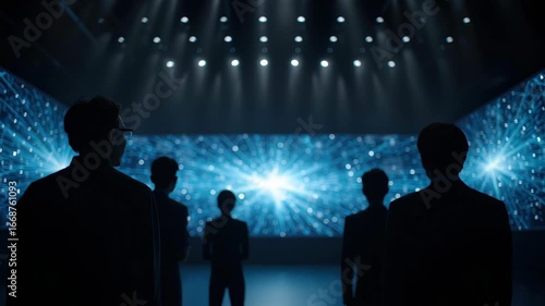 Silhouette people observe digital ai value display with blue light, futuristic technology, innovation, and modern stage atmosphere