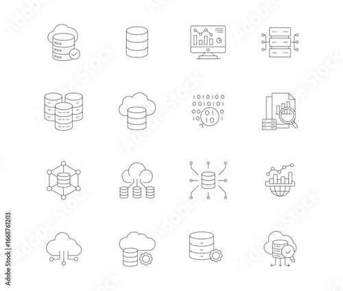 Big Data Editable Icon Set. Vector Illustrations of Data Analytics, Cloud Computing, Artificial Intelligence, Machine Learning, Database, Visualization, Business Intelligence, and Digital Technology