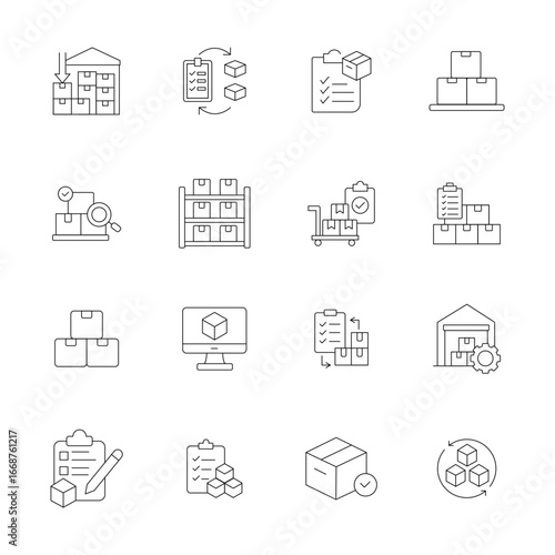 Minimalist Inventory Editable Line Icon Set. Vector Illustrations of Stock Management, Warehouse, Logistics, Supply Chain, Product Storage, Checklist, Delivery, Business Resources, and Goods Tracking