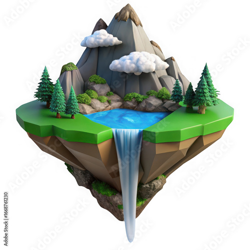 Floating island paradise with waterfall and lush greenery